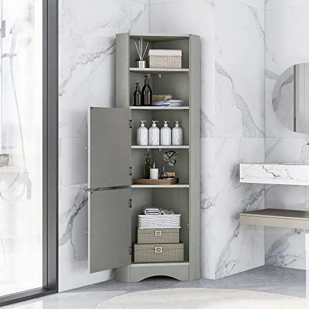 TJUNBOLIFE Corner Cabinet with Doors and 2 Adjustable Shelves, Gray I237