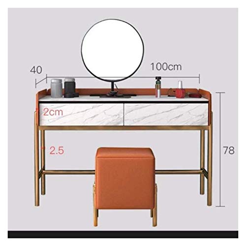 Luxury Dressing Vanity Table with Stool, Round Mirror, 2 Drawers, White Q54953