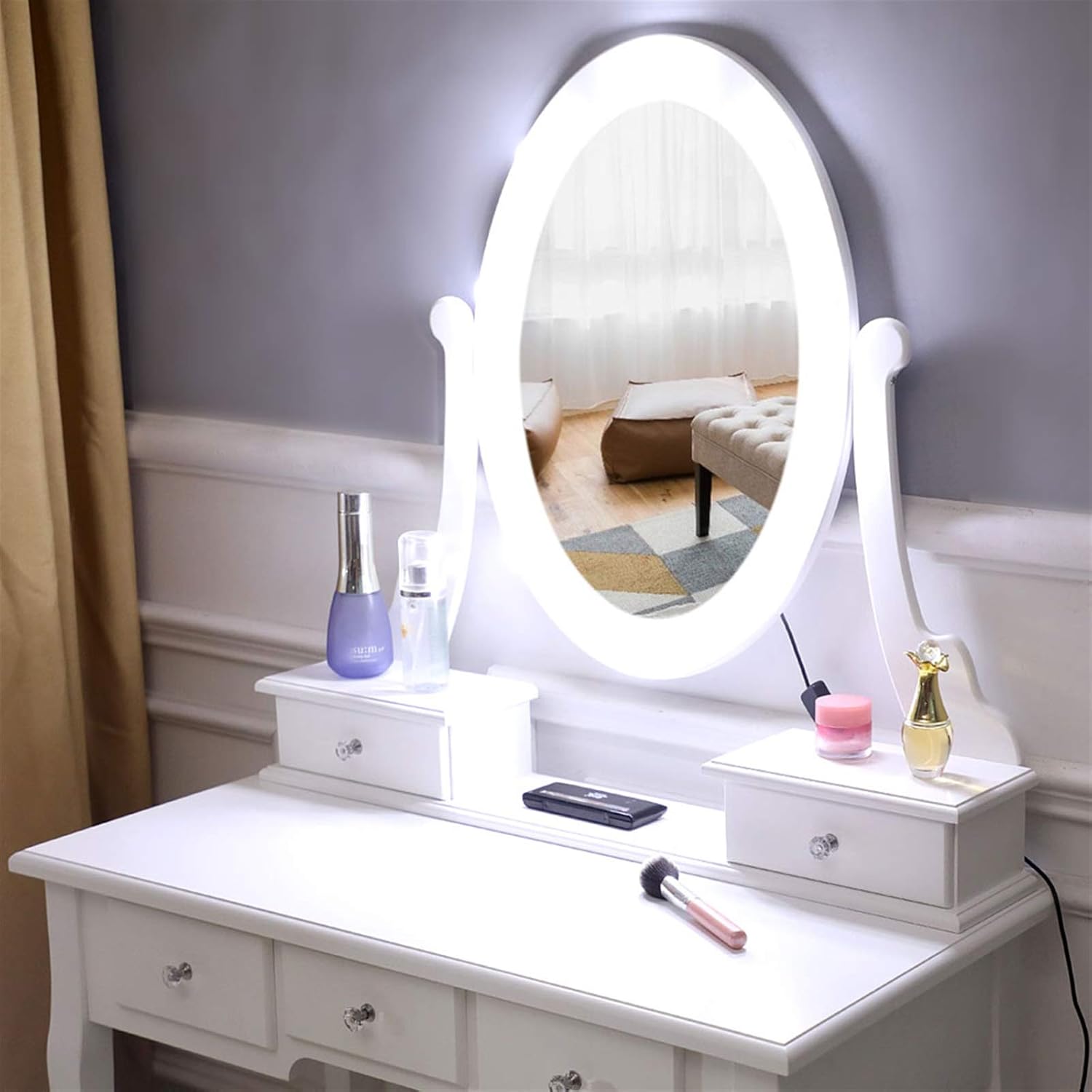 White Lighted Makeup Vanity Set with Rotating Mirror and Cushioned Stool Y385384