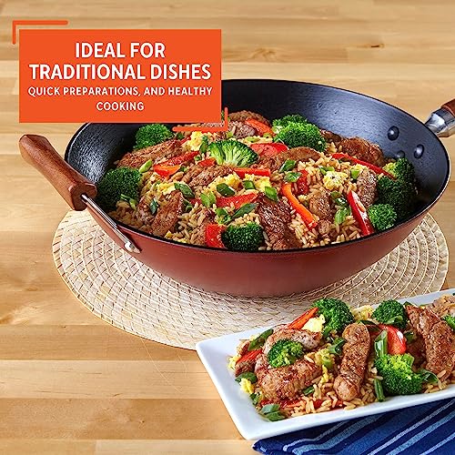 IMUSA USA Light Cast Iron Wok with Wood Handles 14-Inch N953