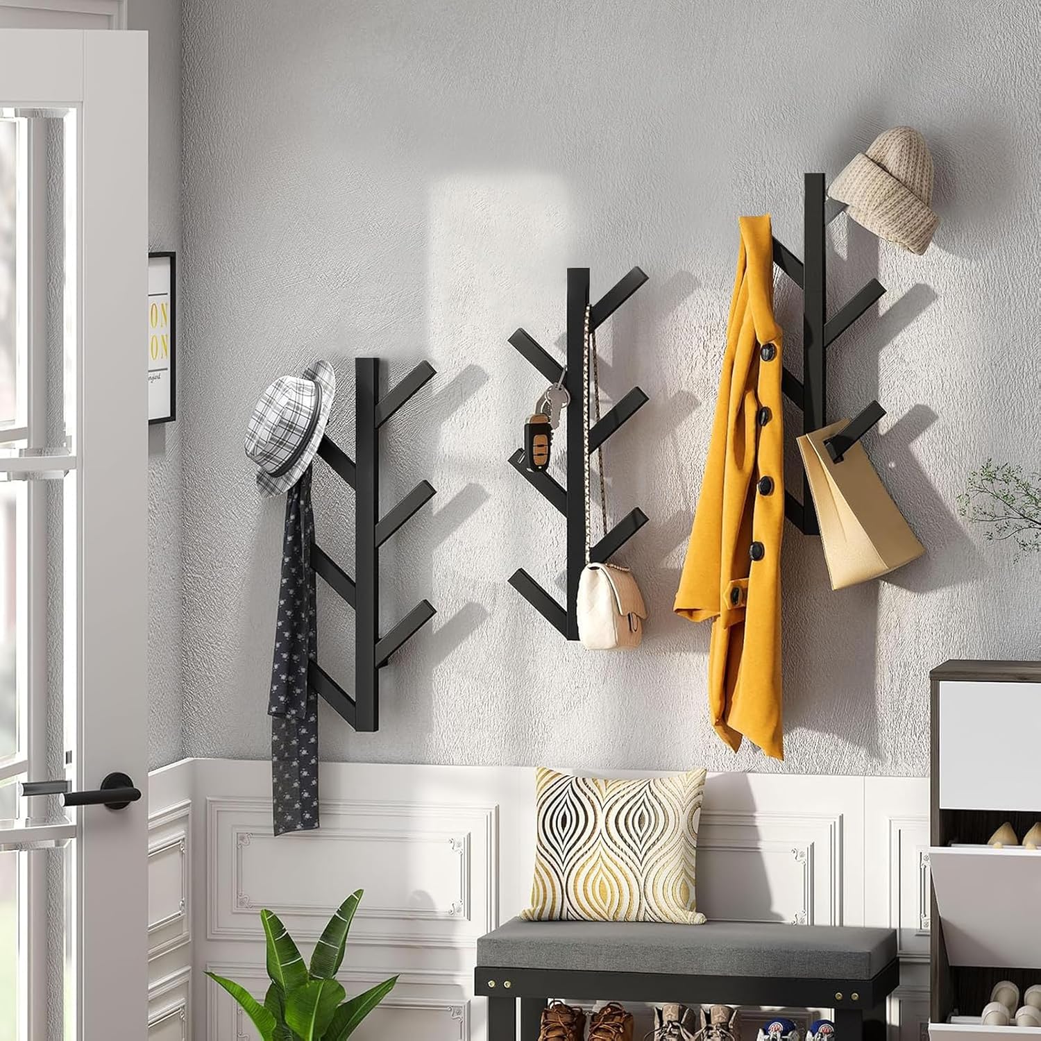 2 Pack Wall Mount Coat Rack, Matte Black, Metal Hat & Clothes Hanger U4293