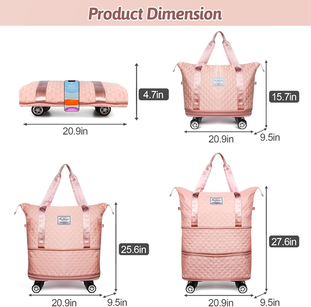 Rolling Duffle Bag with Wheels, Expandable Travel Luggage, Foldable Carry On, Large Pink a7