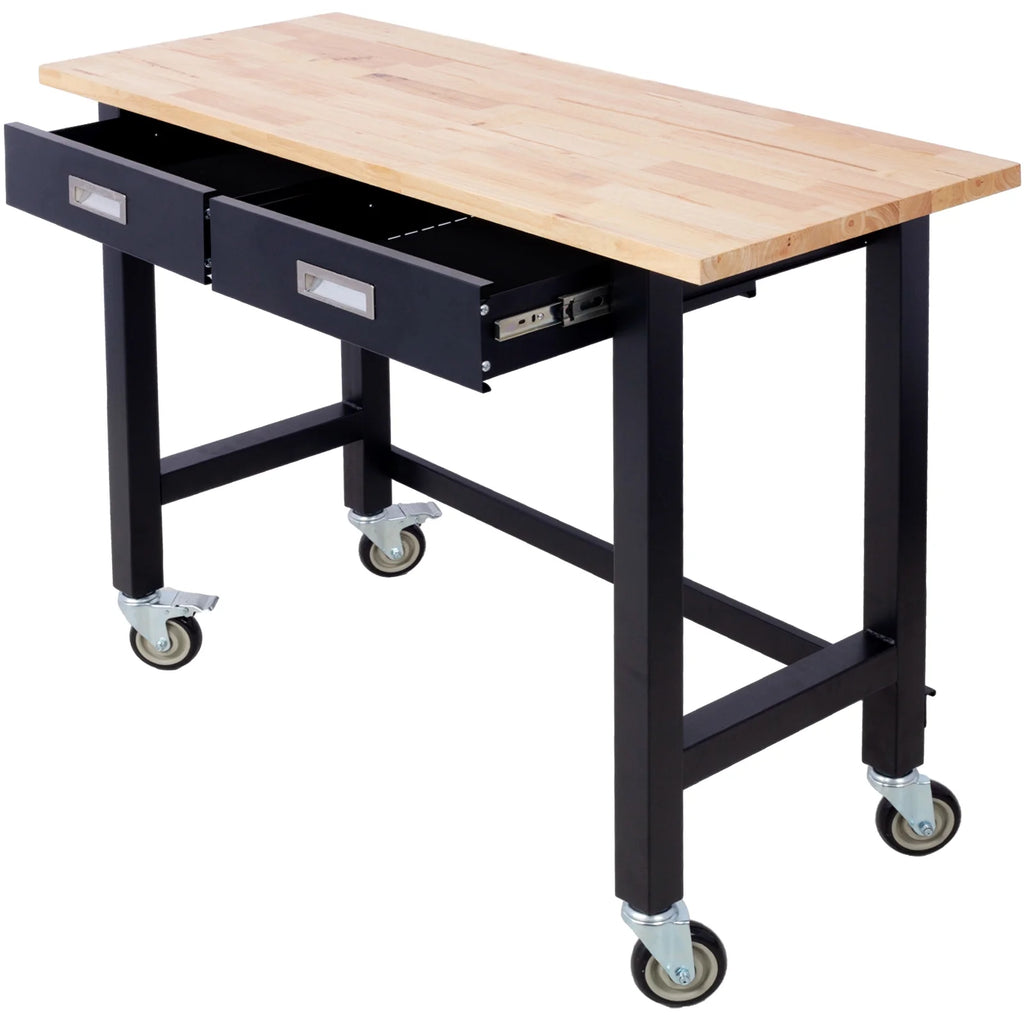 48in Work Bench, Adjustable Workbench with Drawer Storage, Heavy Duty Bamboo Wood Work Table with Wheels for Garage Home Office