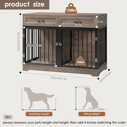 Wooden Dog Crate Furniture 47" with Removable Divider, Double Doors, White I17819