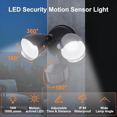15W 1500 Lumen LED Security Light with Motion Sensor, IP65 Waterproof, Dual-Head, Black D1993