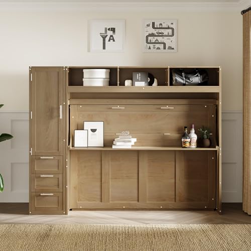 Modern Full Size Murphy Bed with Wardrobe and Storage Drawers, Solid Wood, Antique Grey N211