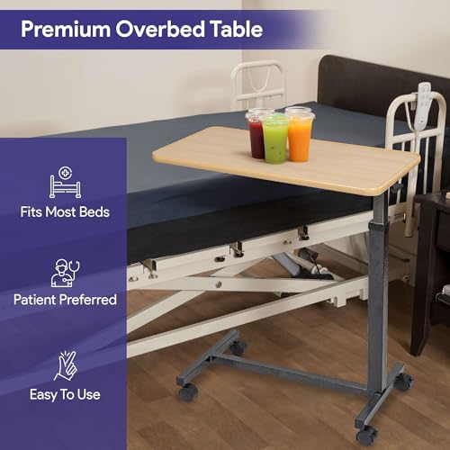 Adjustable Rolling Overbed Table with Wood Top a7
