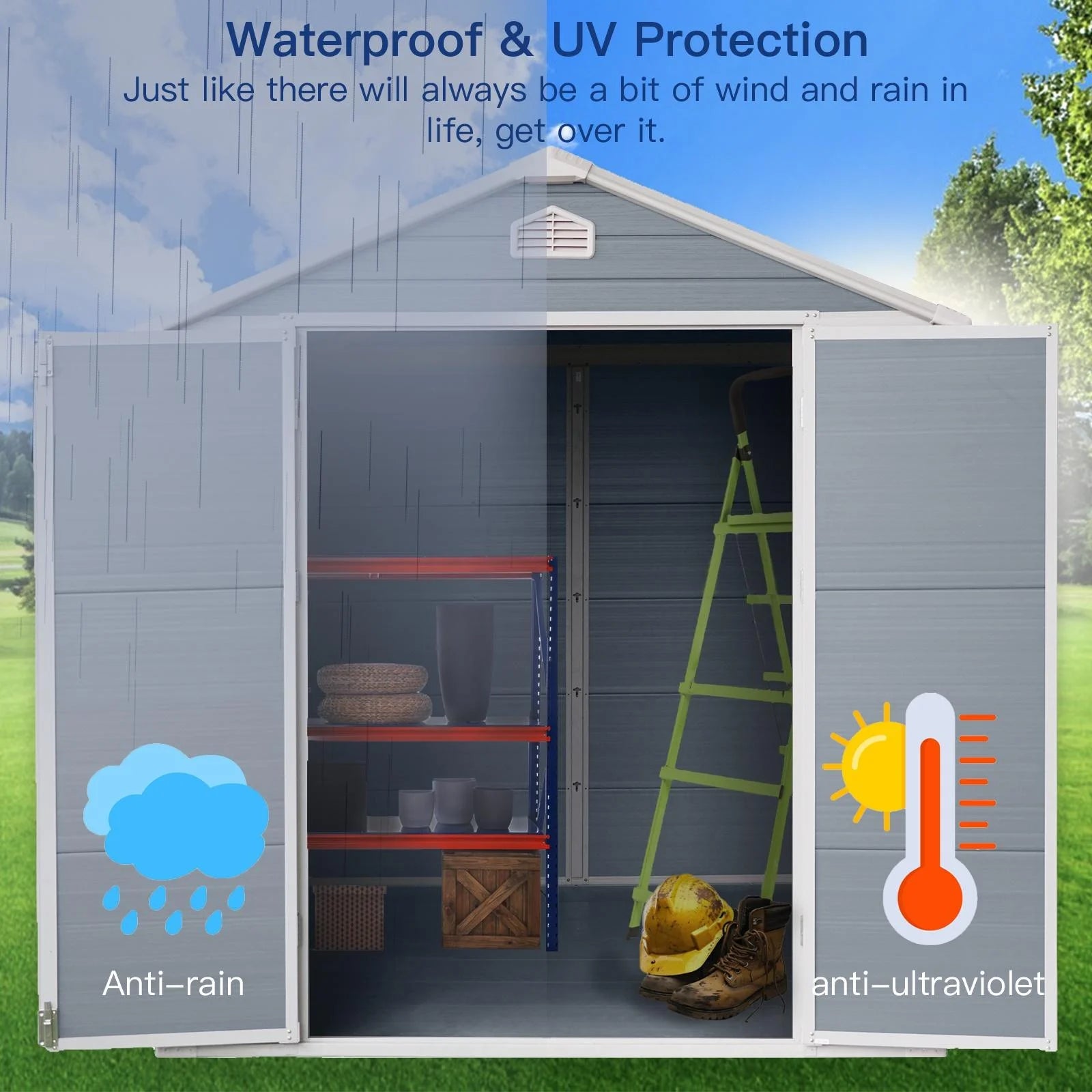 Outdoor Resin Storage Shed 8x6 ft with Lockable Door, Gray X86795