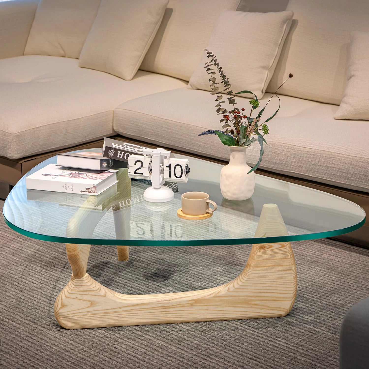 Mid Century Triangle Tempered Glass Coffee Table Solid Wooden Base 7k