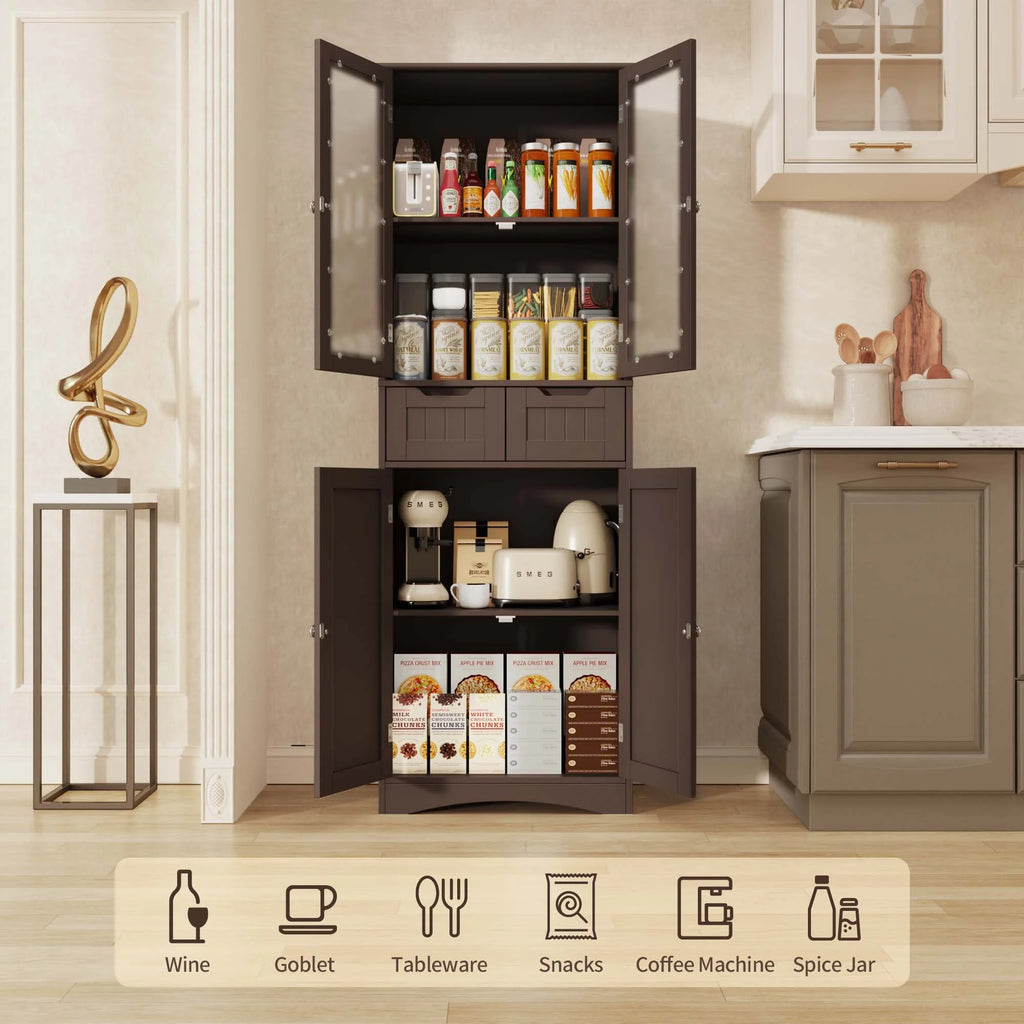 Lofka Tall Storage Cabinet with Glass Doors and 2 Drawers, Dark Brown F93607