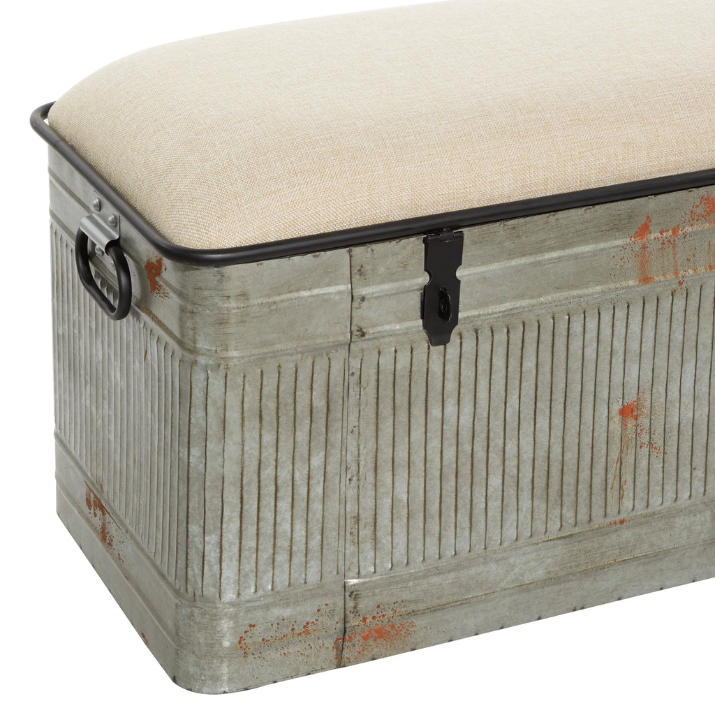 DecMode Metal Galvanized Storage Bench with Cream Burlap Top K1740
