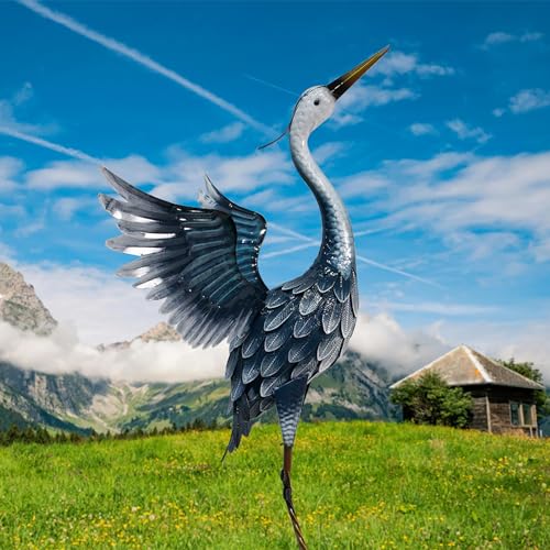 Metal Heron Statue Garden Decor Blue k7m
