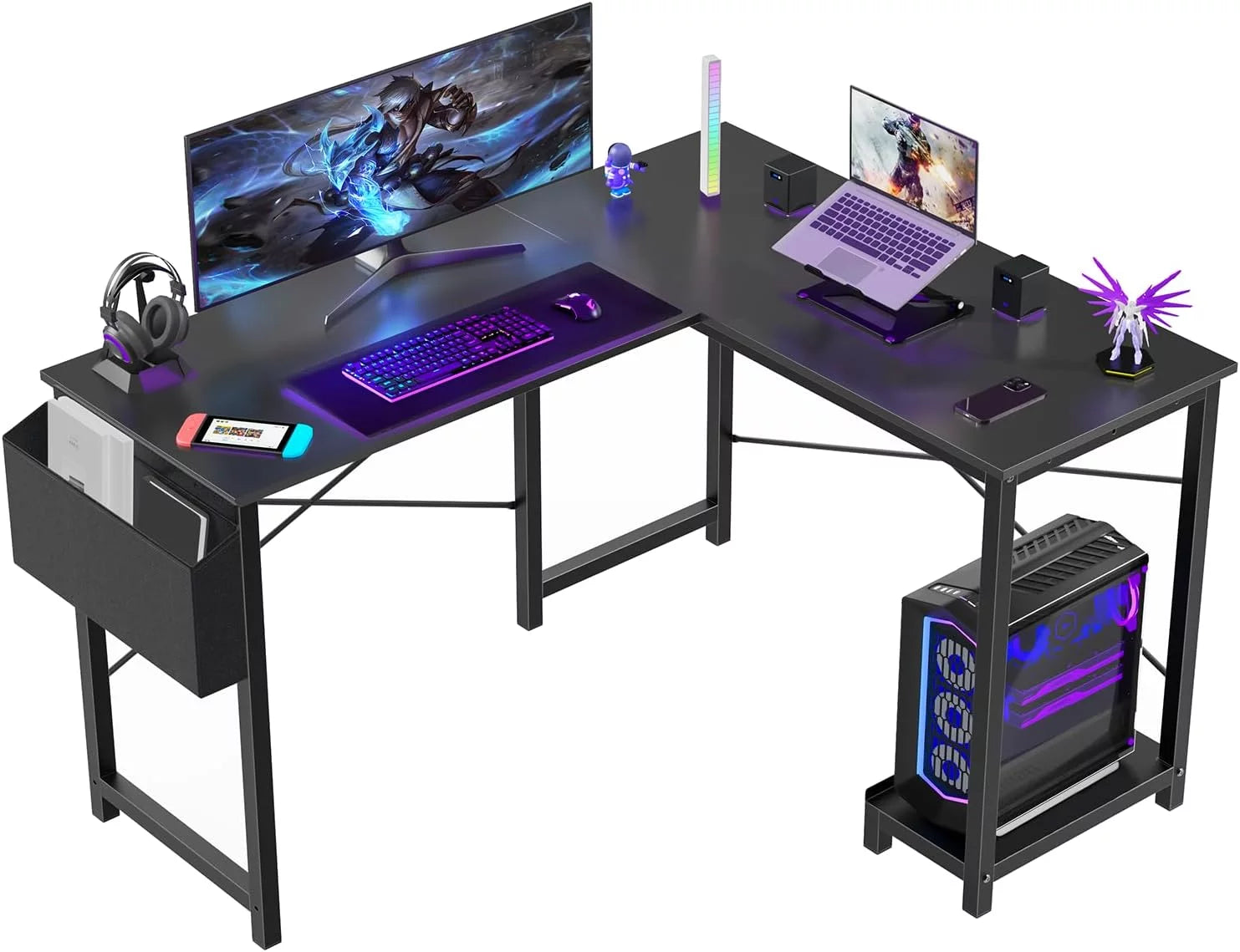 JIAH L Shaped Computer Desk - Gaming Table Corner Desk 50 Inch PC Writing Black Desk Study Desks with Wooden Desktop CPU Stand Side Bag Reversible for Home Office Dorm Small Space