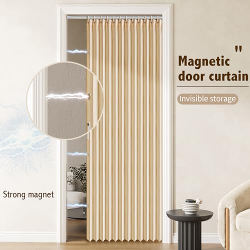 Magnetic Pleated Door Curtain for Bedroom Closet Doorway, Brown 42"W x 78"L with Rod N271998
