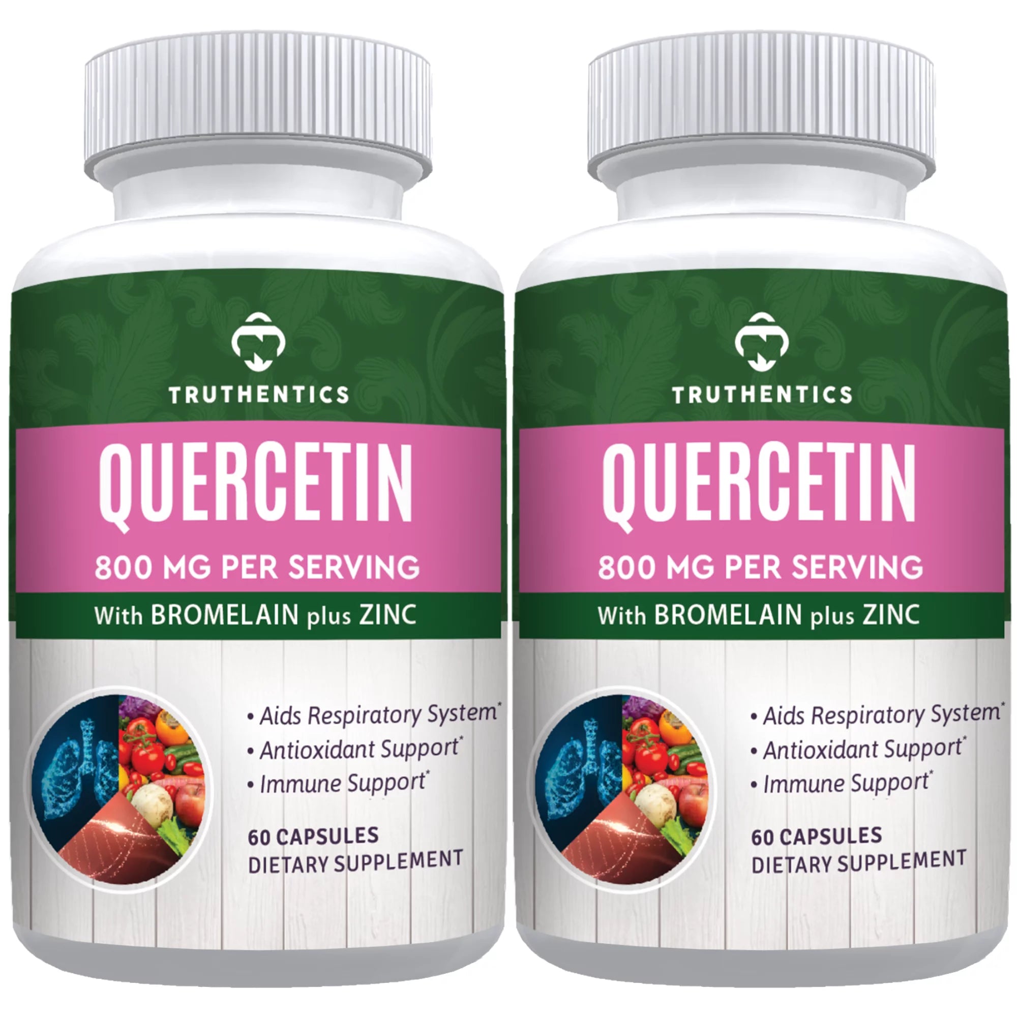 Truthentics Quercetin With Bromelain Zinc Supplement (2-Pack) - Quercetin 800mg - Immune, Allergy, Lung & Respiratory Support - 120 Capsules