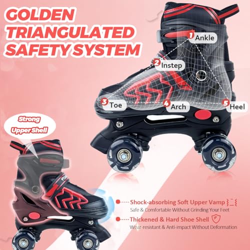 Kids Adjustable Roller Skates Light Up Wheels Quad Black Red k7