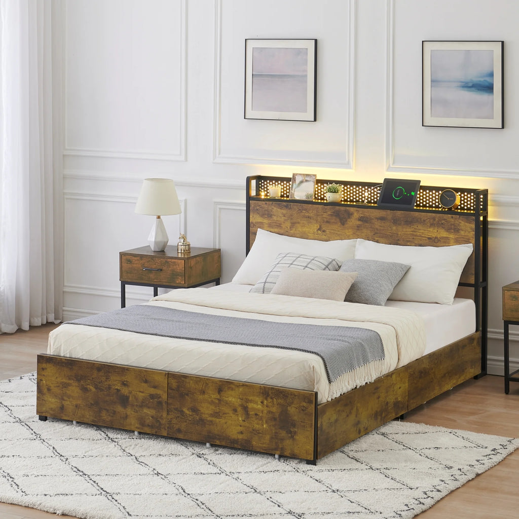 IDEALHOUSE Queen Bed Frame with Storage Headboard and 6 Drawers, LED, USB Ports, Retro O803